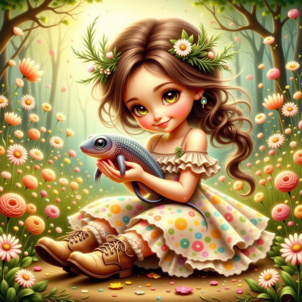 Whimsical Young Girl Cradles Axolotl in Enchanted Forest Gla...