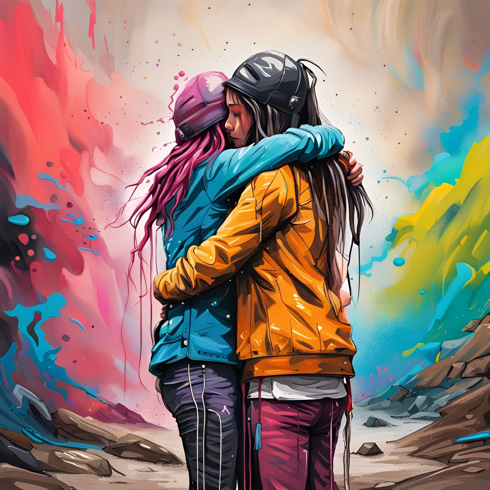Girls Hugging in Desert Storm: Graffiti Art