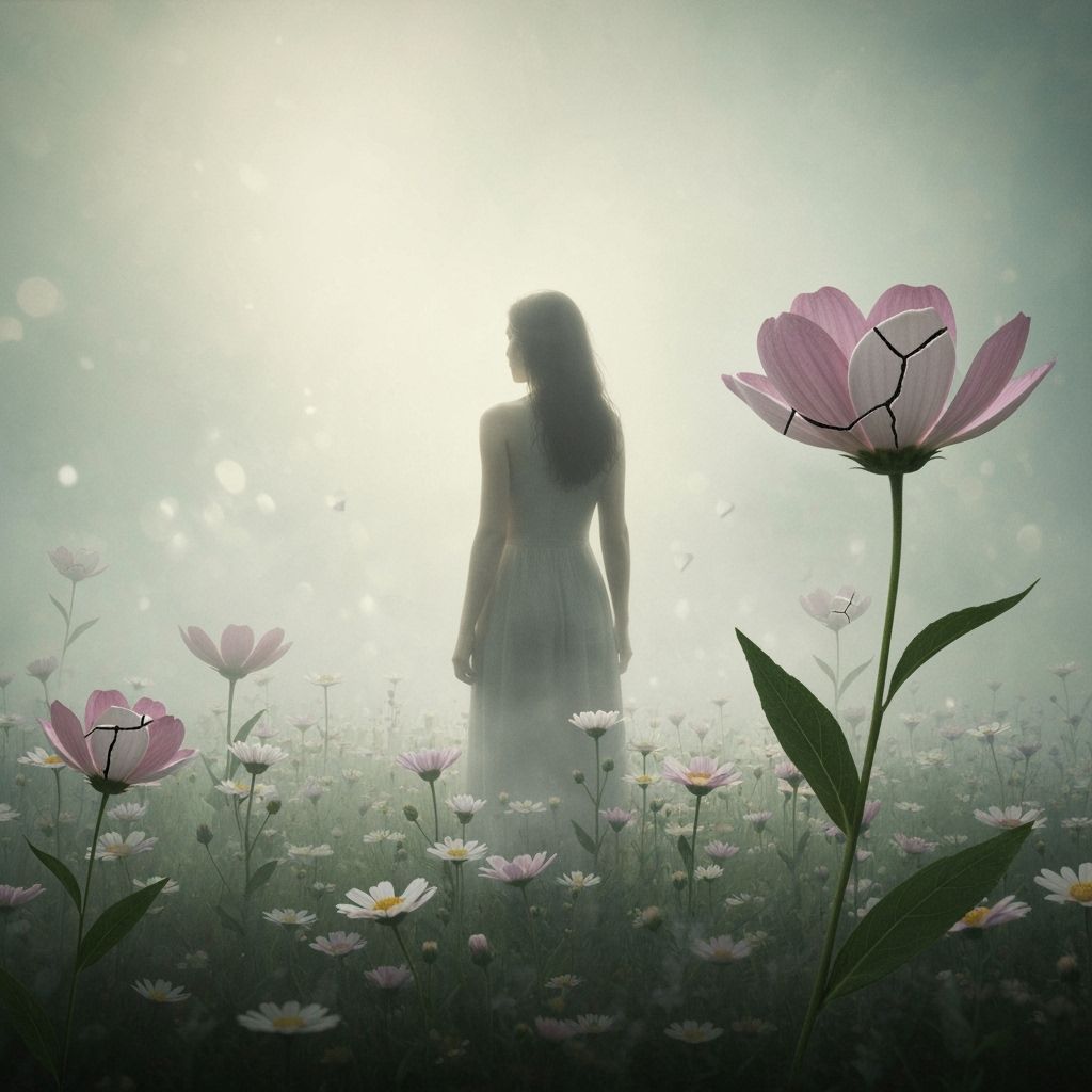 Woman in Misty Wildflower Field with Ceramic Accents