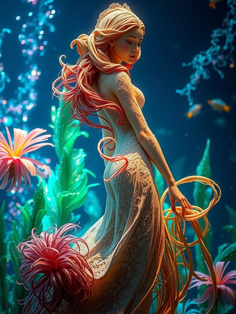 Ethereal Algae Goddess in a Lush Aquatic Ecosystem
