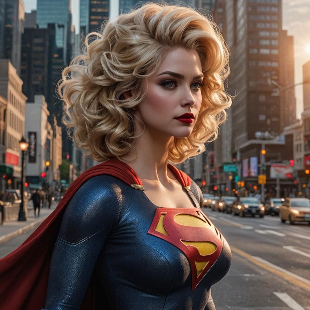 22 year old Supergirl, medium-length 1960’s blonde hair, black eyeshadow, red lipstick, city in background
