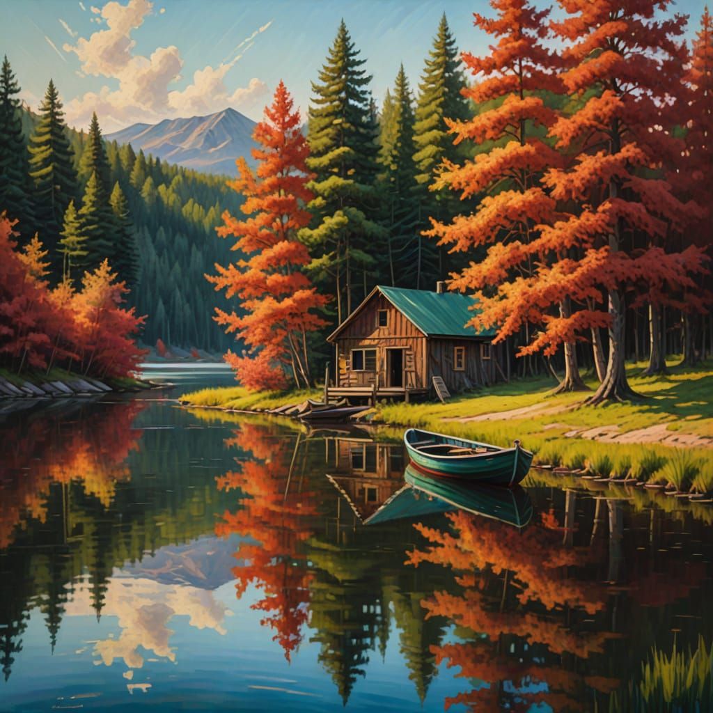 Vibrant Oil Painting of River Landscape with Rowboat and Cab...