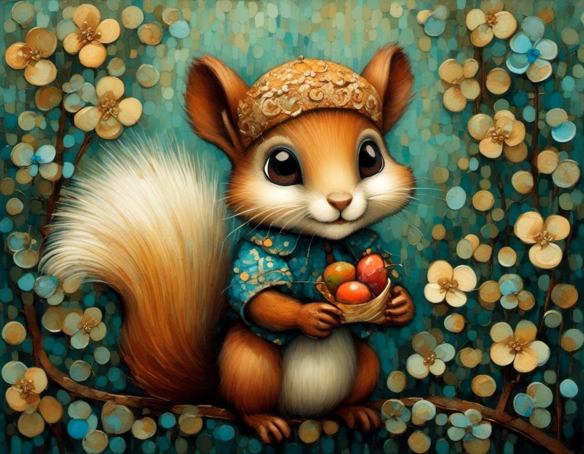 Whimsical Oil Painting of a Cuddly Squirrel