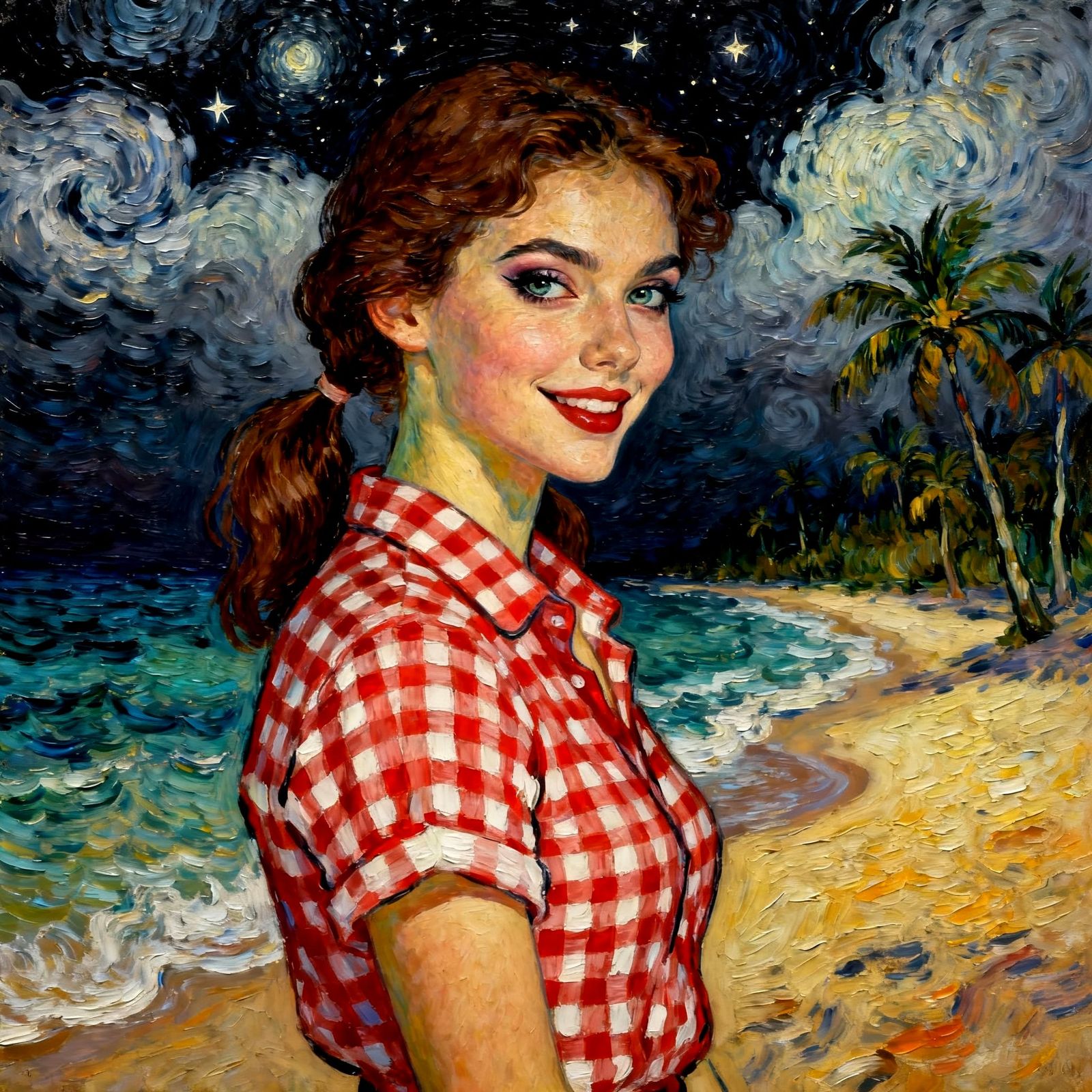 Woman Smiling on Tropical Beach, Van Gogh Impasto Style