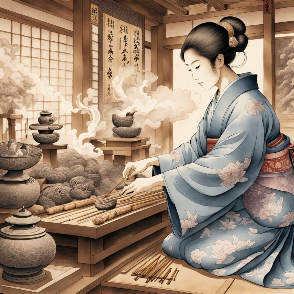 Sei'rin Assembling Sacred Objects: Ink Wash Illustration