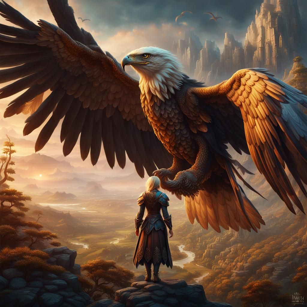 Blonde Woman with Eagle: Detailed Fantasy Art