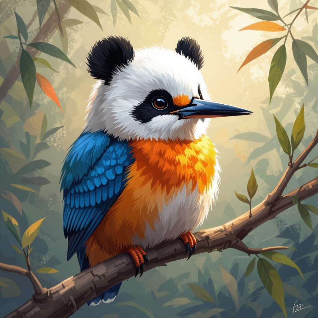 Kingfisher with Panda Head in Painterly Style
