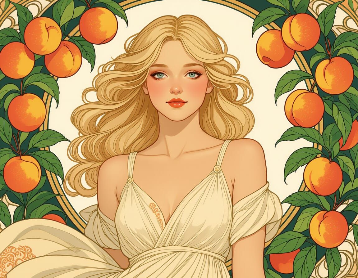 Peach Orchard Nymph in Art Nouveau Style