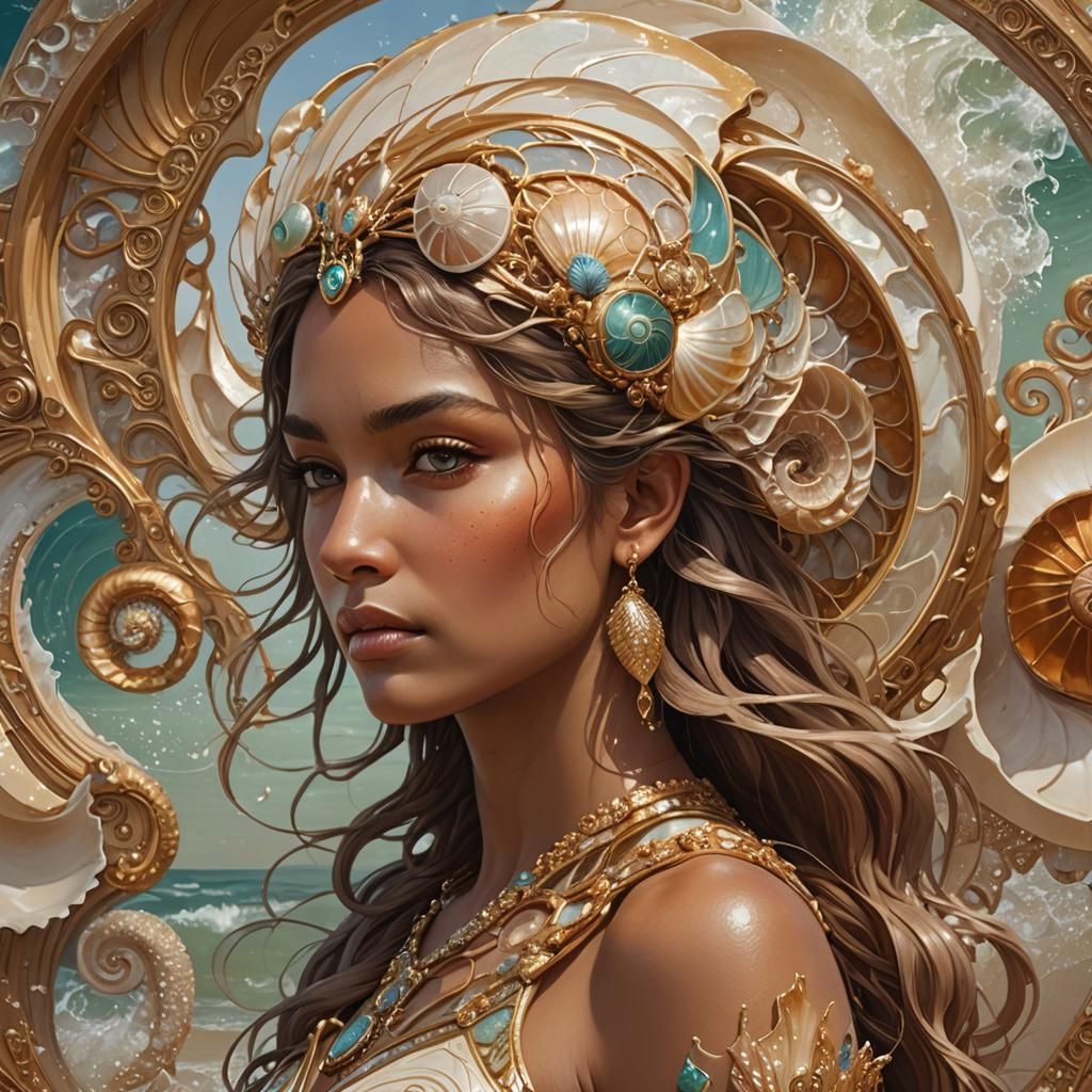 Glistening Sea Nymph Portrait in Art Nouveau Style