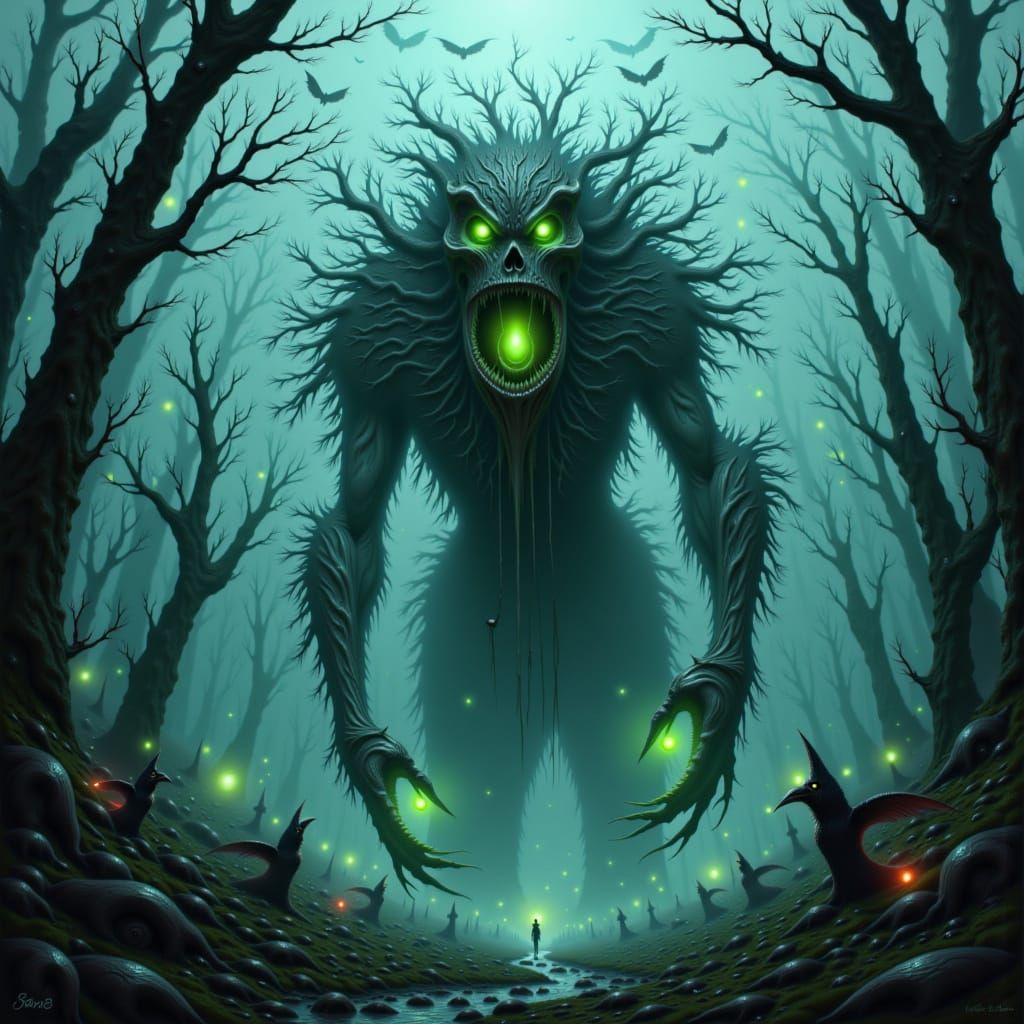 Eerie Scarecrow Entity in Dark Surrealism Style