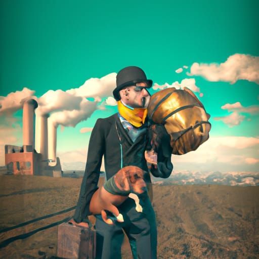 Steampunk Pilgrim with Dog and Zeppelin