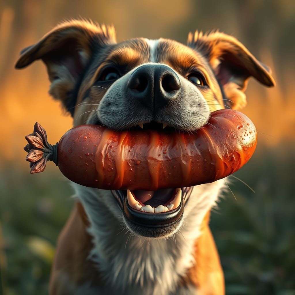 Playful Dog Chases Juicy Sausage in Vibrant, Hyper-Realistic...