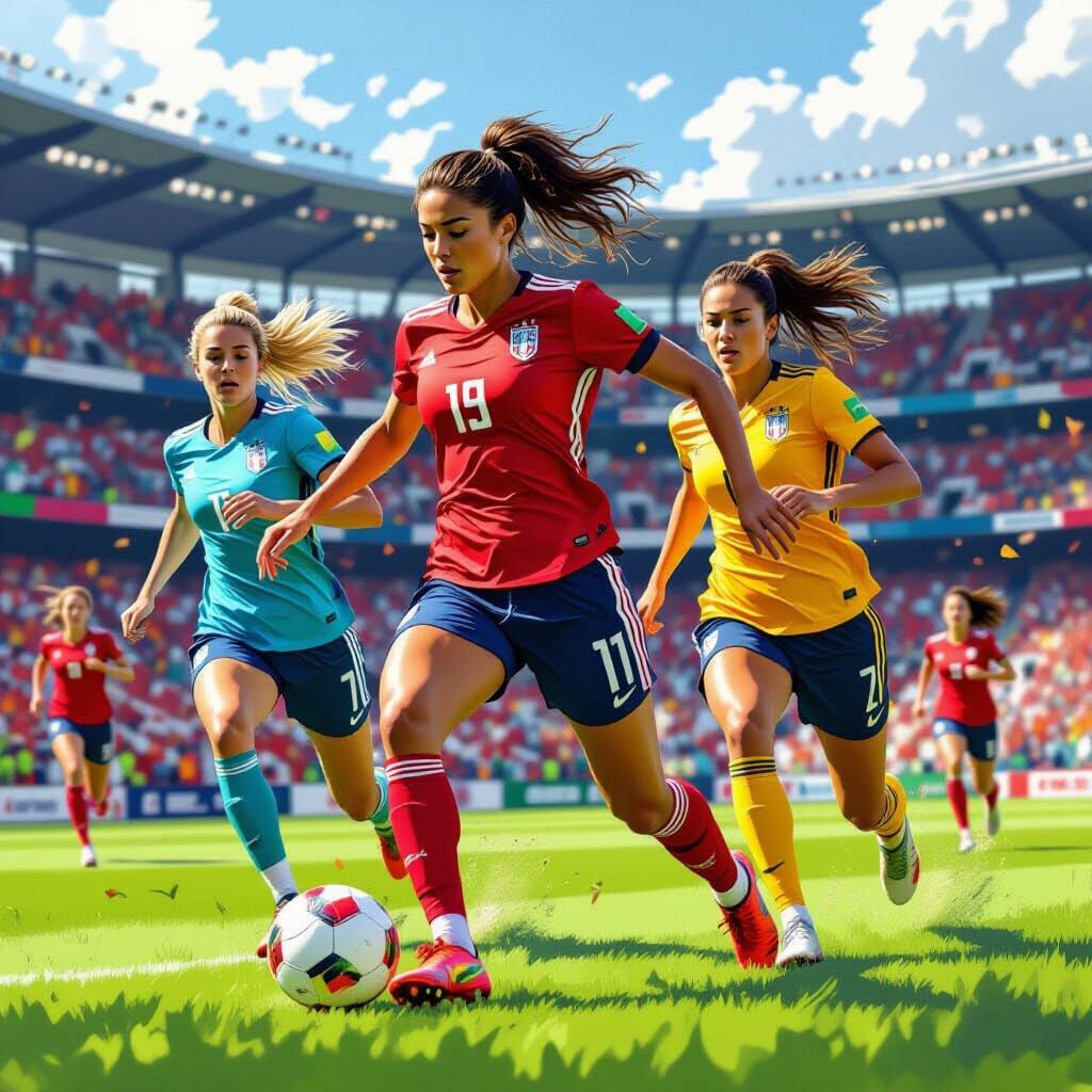Women Soccer Players in Vibrant Stadium Action