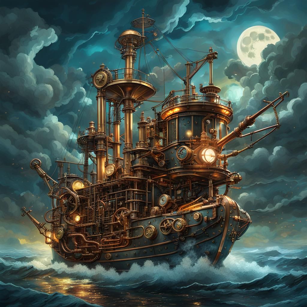 Steampunk Robotic Pirate Ship in Stormy Seas