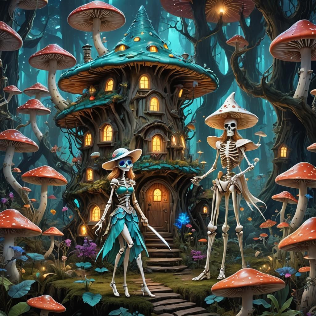 Bioluminescent Forest Mushroom House with Dancing Couple