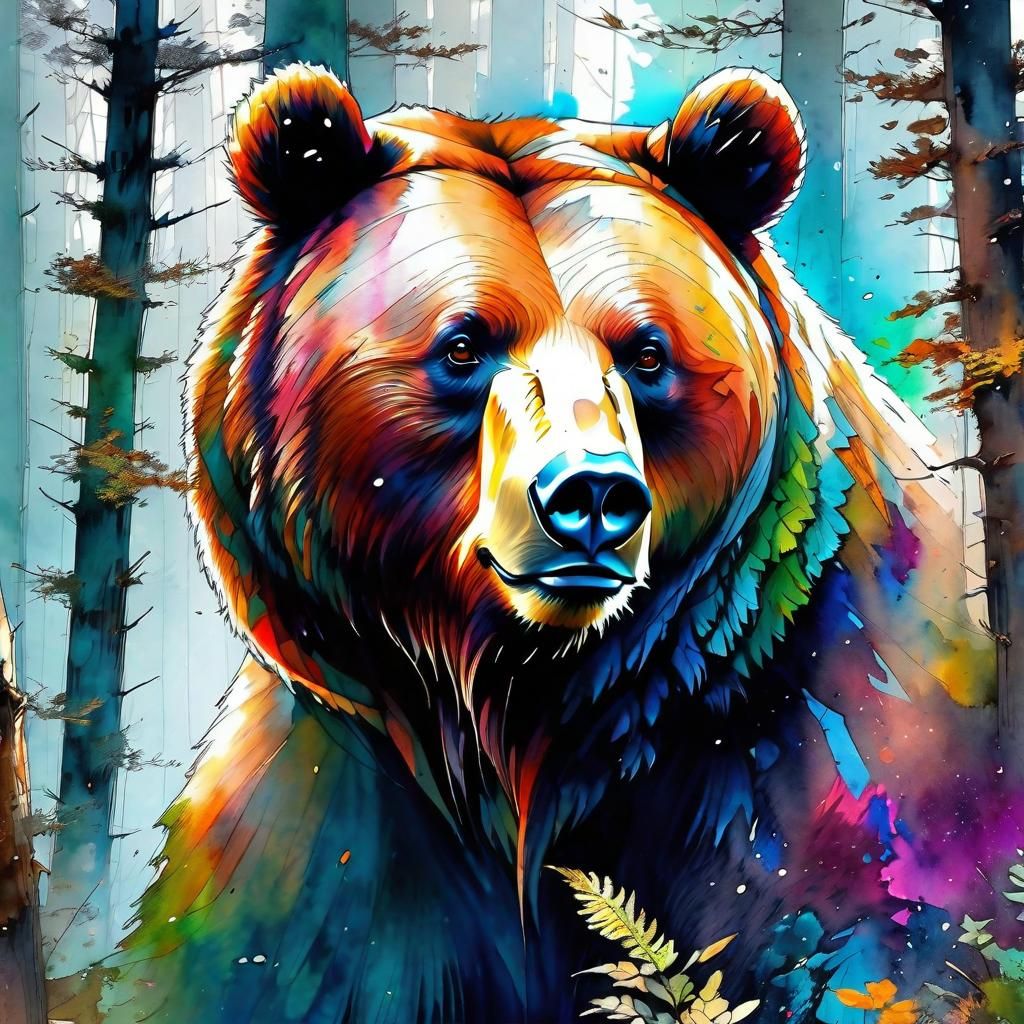 Beautiful Bear in Whimsical Forest Illustration