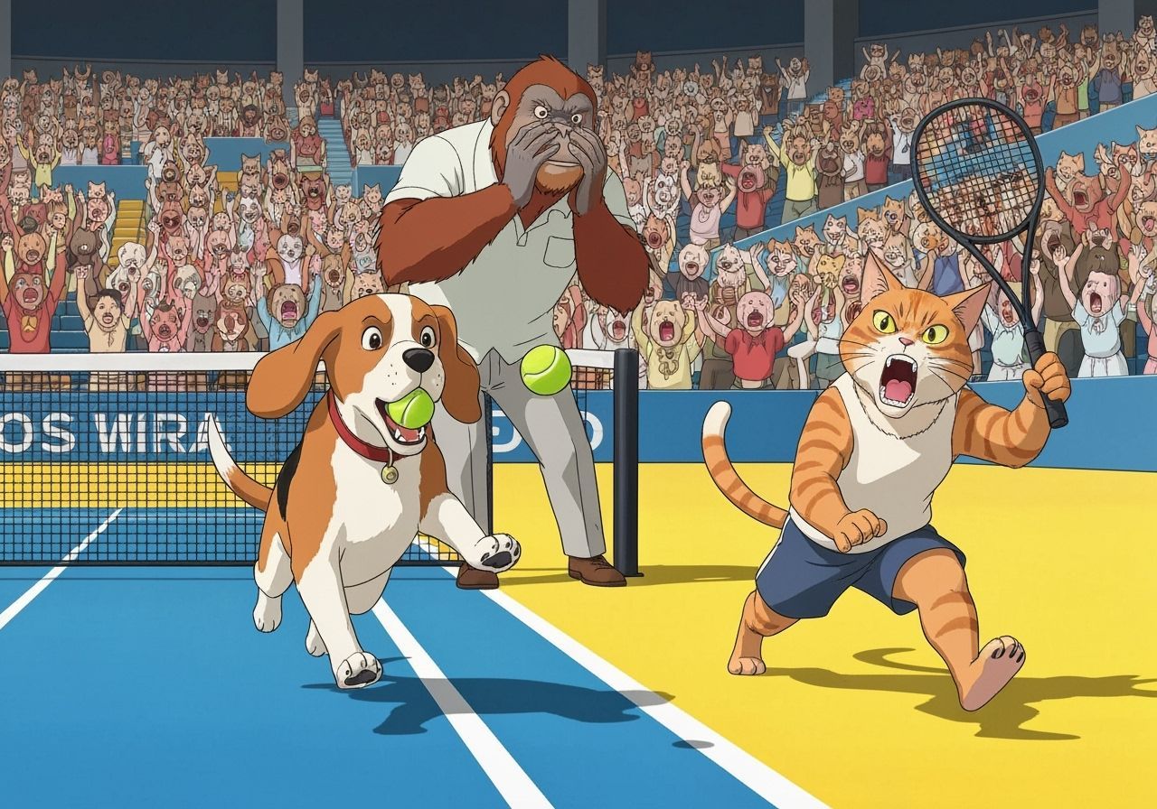 Anime Tennis Chaos: Cat, Dog, and Orangutan Referee