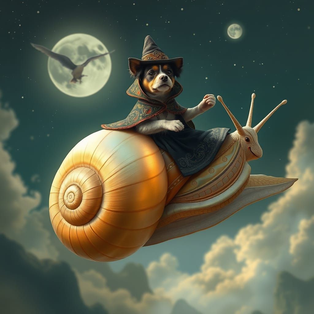 Mystical Dog Soars on Iridescent Flying Snail in Whimsical R...