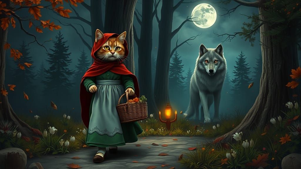 Little Red Riding Hood Birman Cat in Autumn Forest