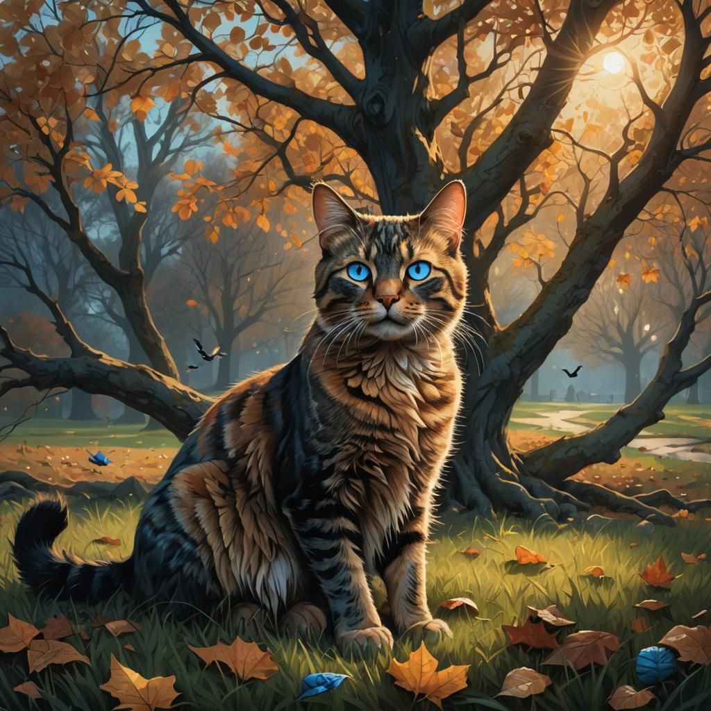 Feral Cat Under Autumn Tree: Dark Fantasy Illustration