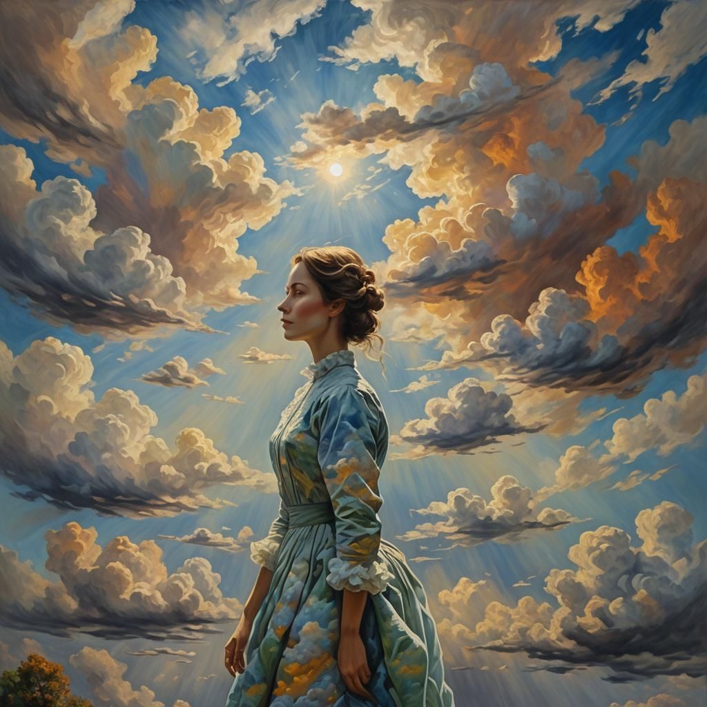 Incandescent Woman Among Clouds in Impressionist Style