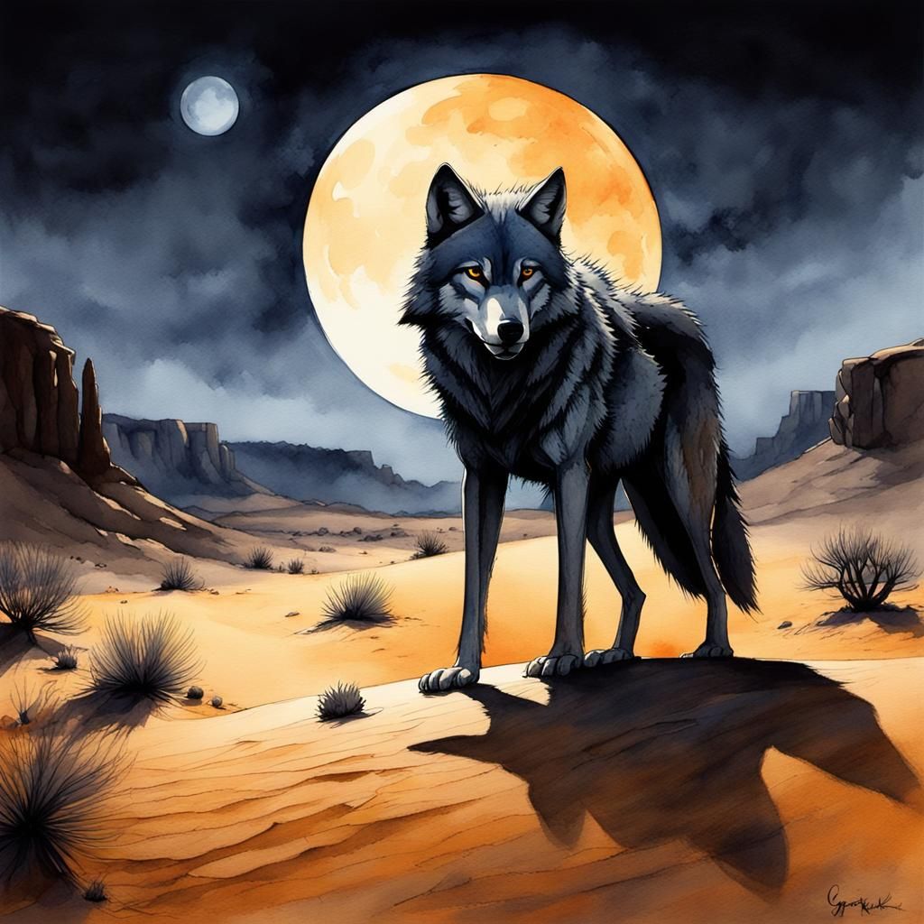 Moonlit Desert Wolf in Watercolour Style