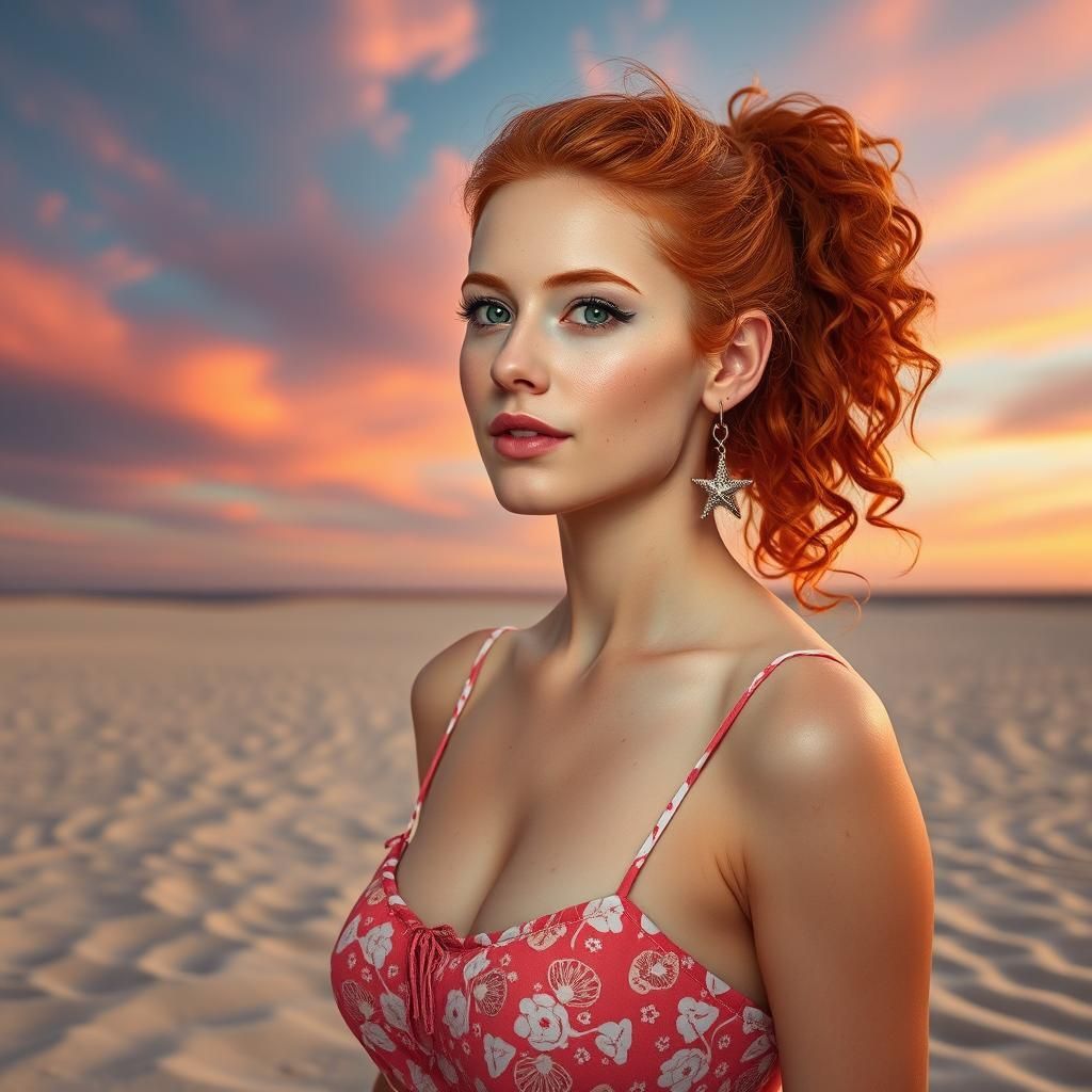 Red Haired Woman on Beach at Sunset, Hyperrealistic Portrait