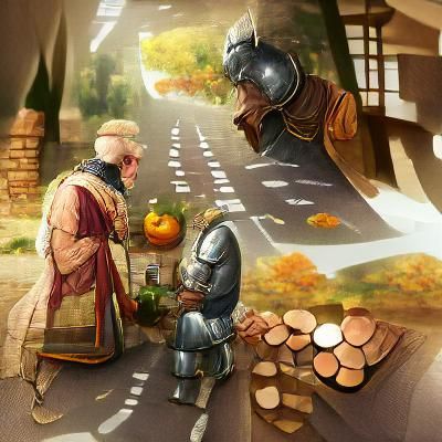 Knight and Merchant on Autumn Road: Fantasy Art