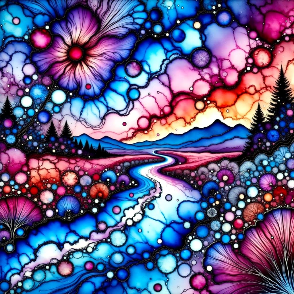 Midnight Landscape with Vibrant Sky and Ripples