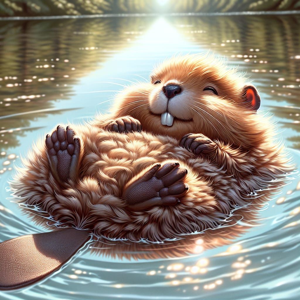 Cute Baby Beaver Floating in Calm River