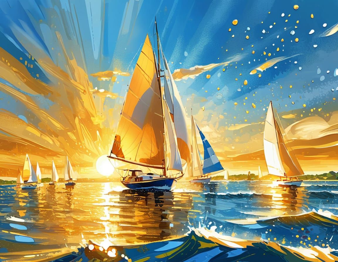Bright Sails on Blue Water in Impressionist Style