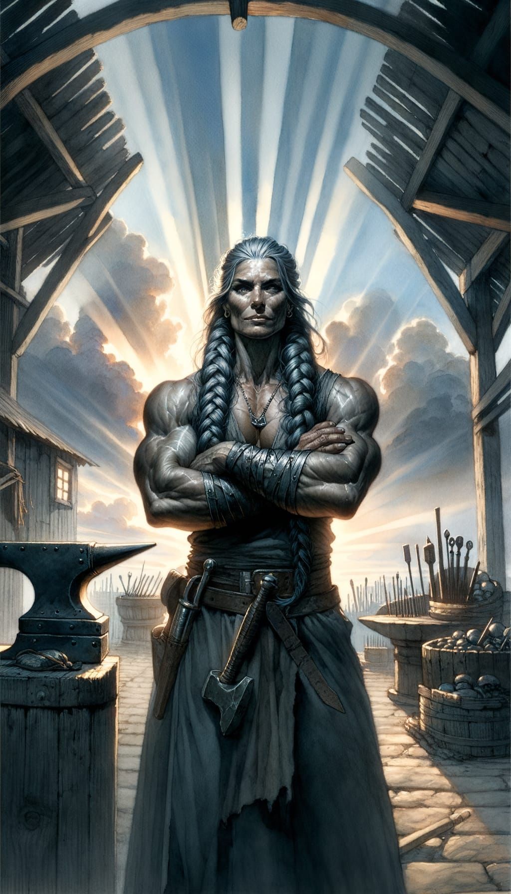 Menacing Blacksmith in Fantastical Workshop Watercolor