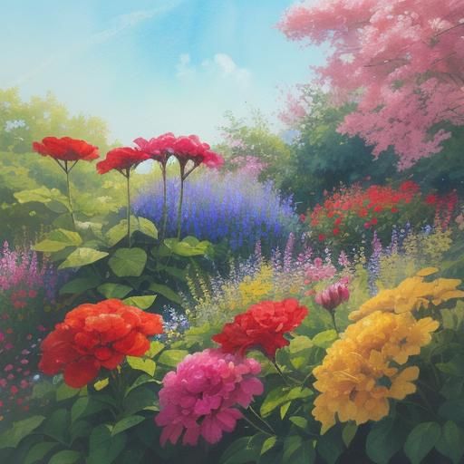 Red Flower in Sunny Garden, Watercolor Illustration