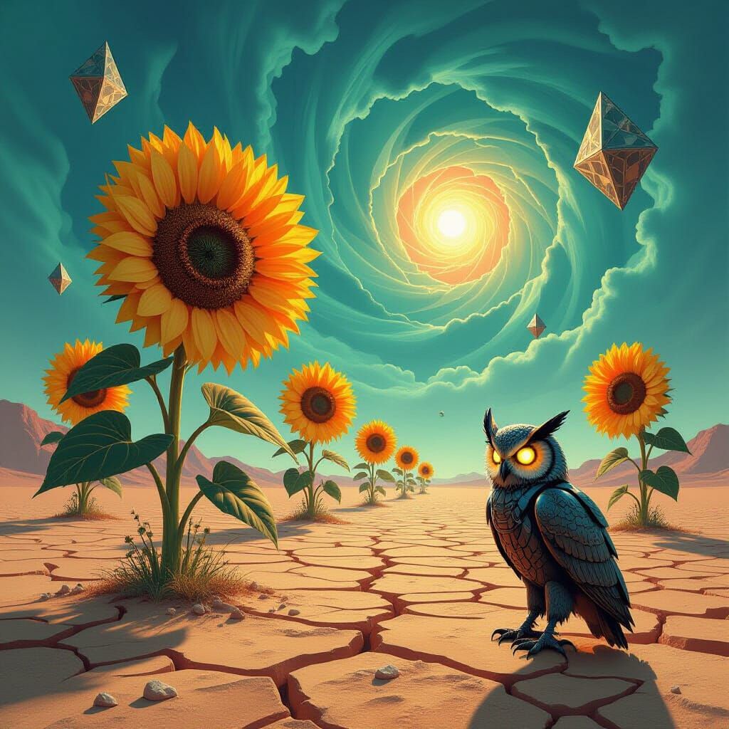 Surreal Desert Dreamscape with Crystalline Sunflowers