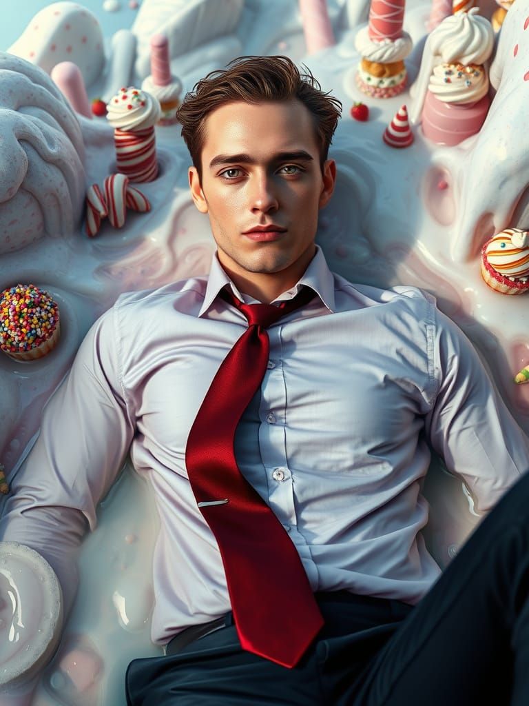 Man in Ice Cream River: Photorealistic Dessert Fantasy