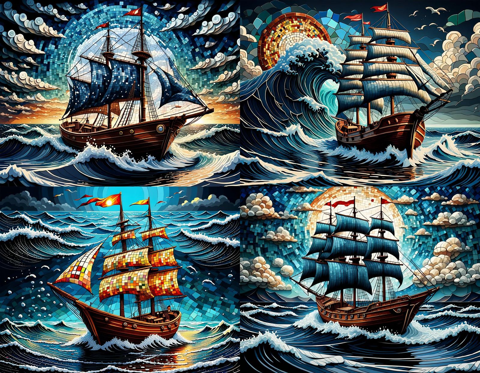 Mosaic Art: Tiny Boat on Stormy Ocean