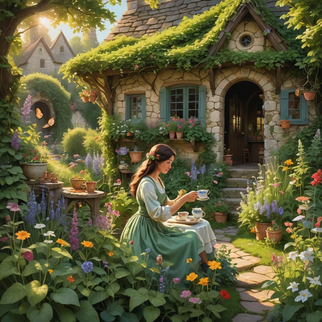 Enchanted Garden Tea Party in Matte Painting Style