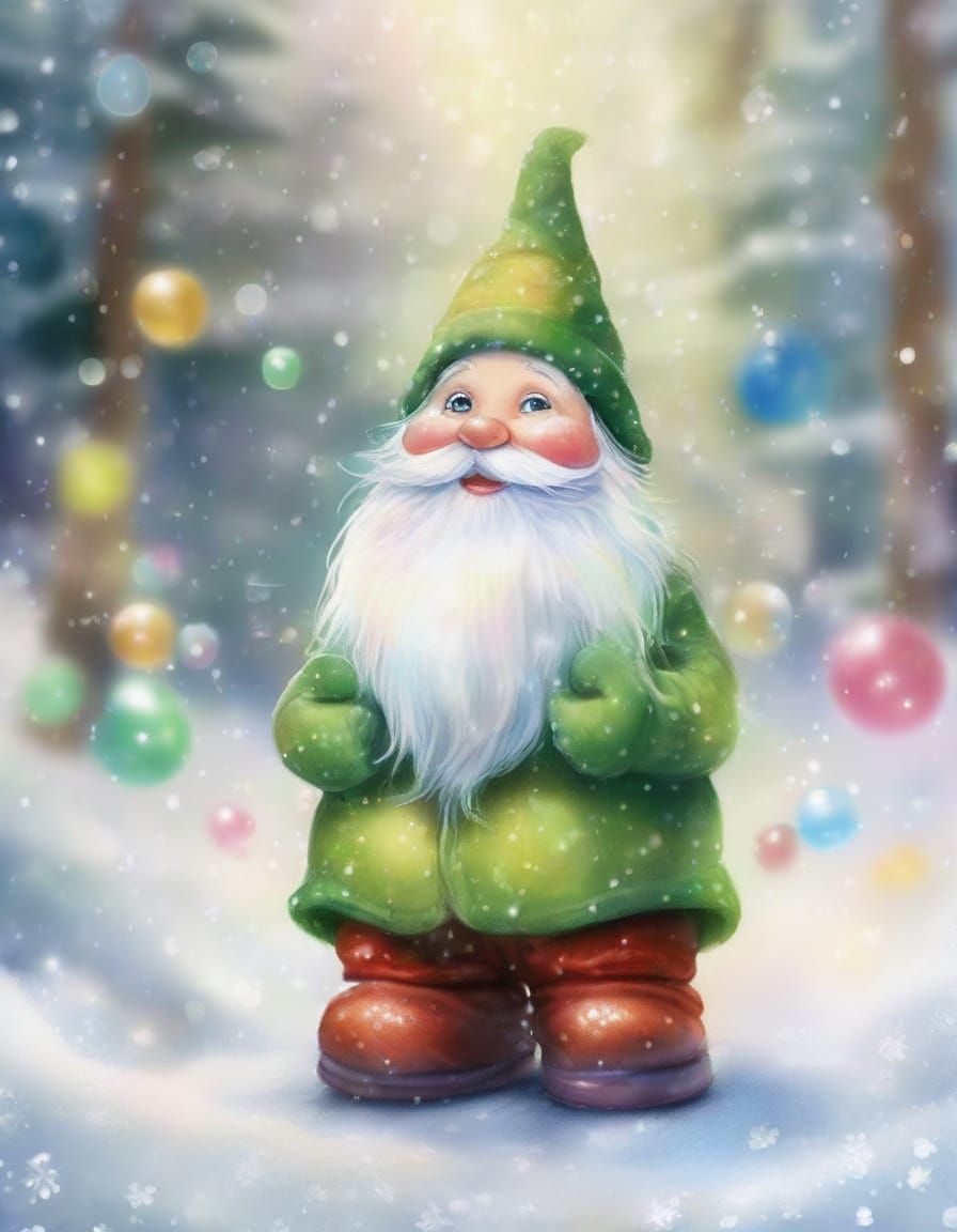 Gnome in Winter Forest with Rainbow Bubbles, Watercolour Sty...