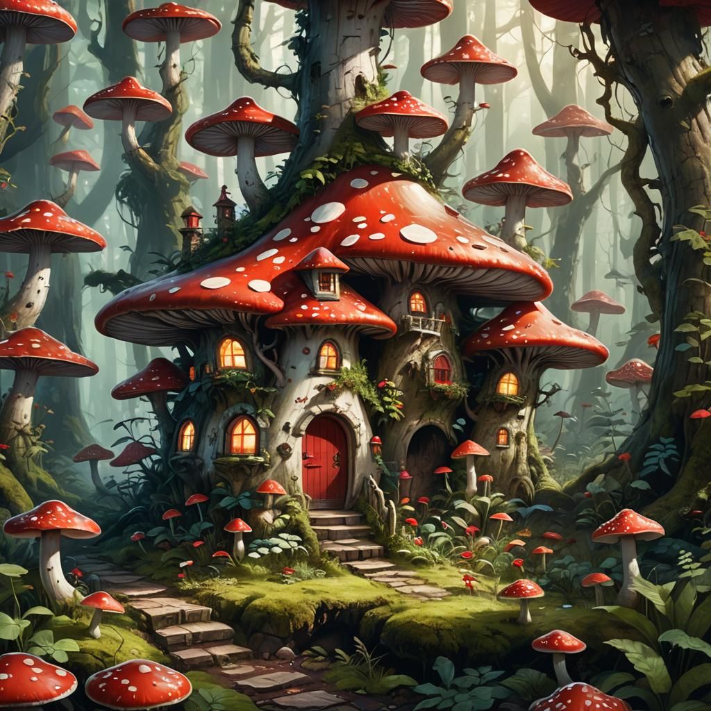 Whimsical Mushroom House in Lush Forest: Fantasy Art
