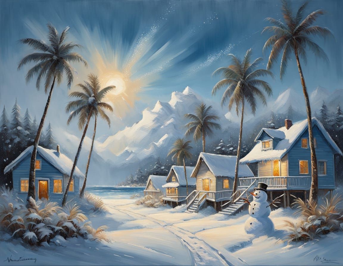 Snowy Tropical Beach: Oil Painting Winter Paradise