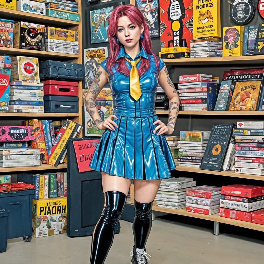 Nerdy Woman in Latex Uniform at Comic Store