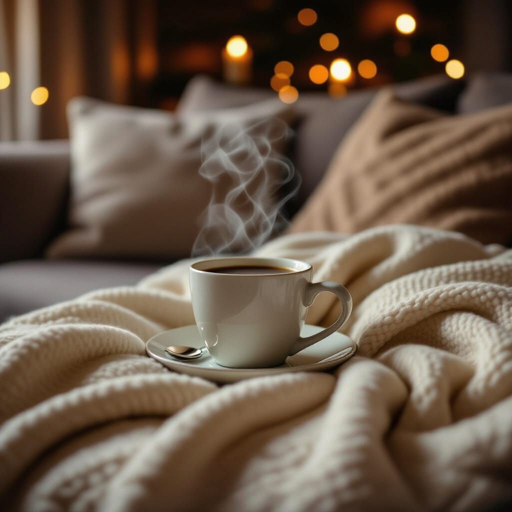 Cozy Coffee on Couch: Realistic Photo with Warm Lighting