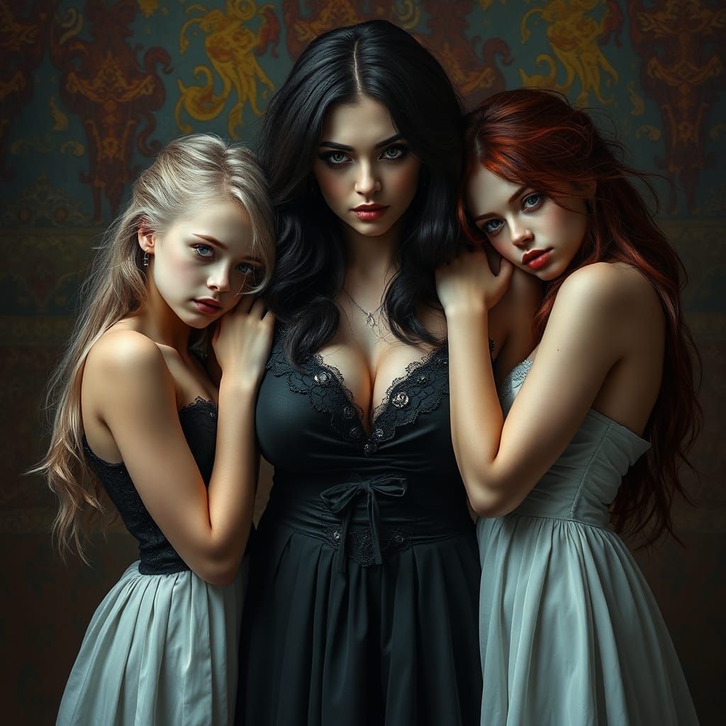 Gothic Portrait of Mother and Twin Daughters