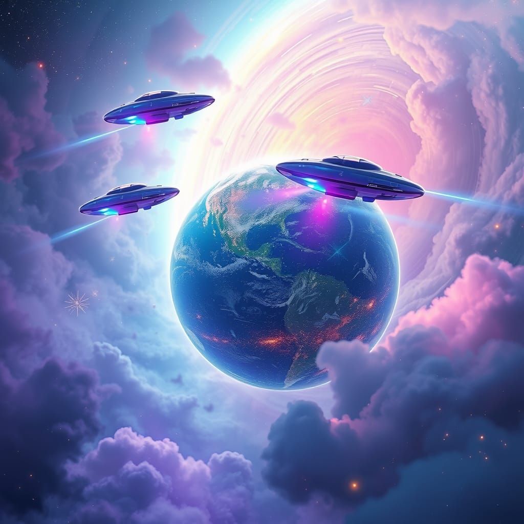 Glowing Spacecraft Examine Earth in Futuristic Concept Art