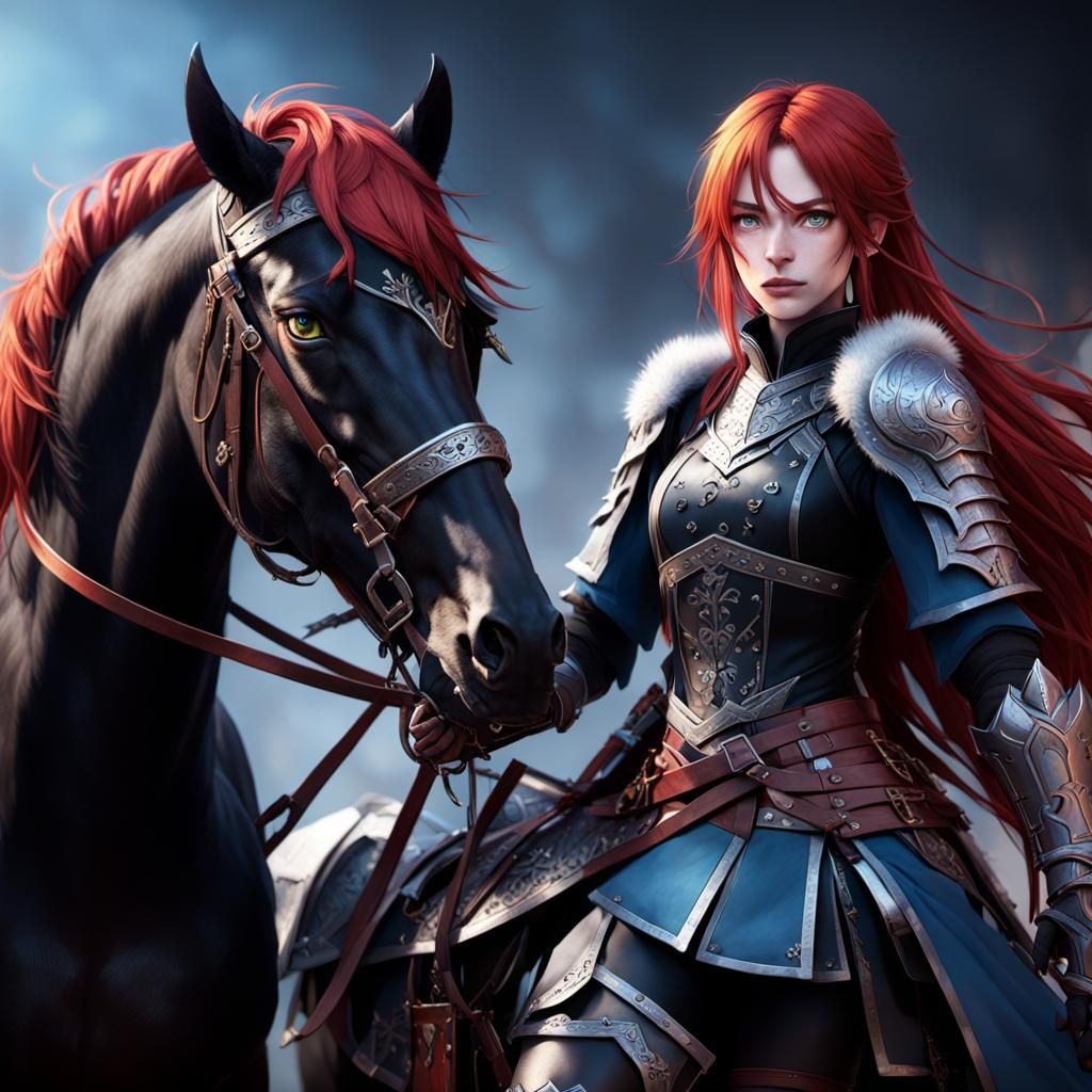 Anime Girl with Black Horse in Epic Medieval Setting