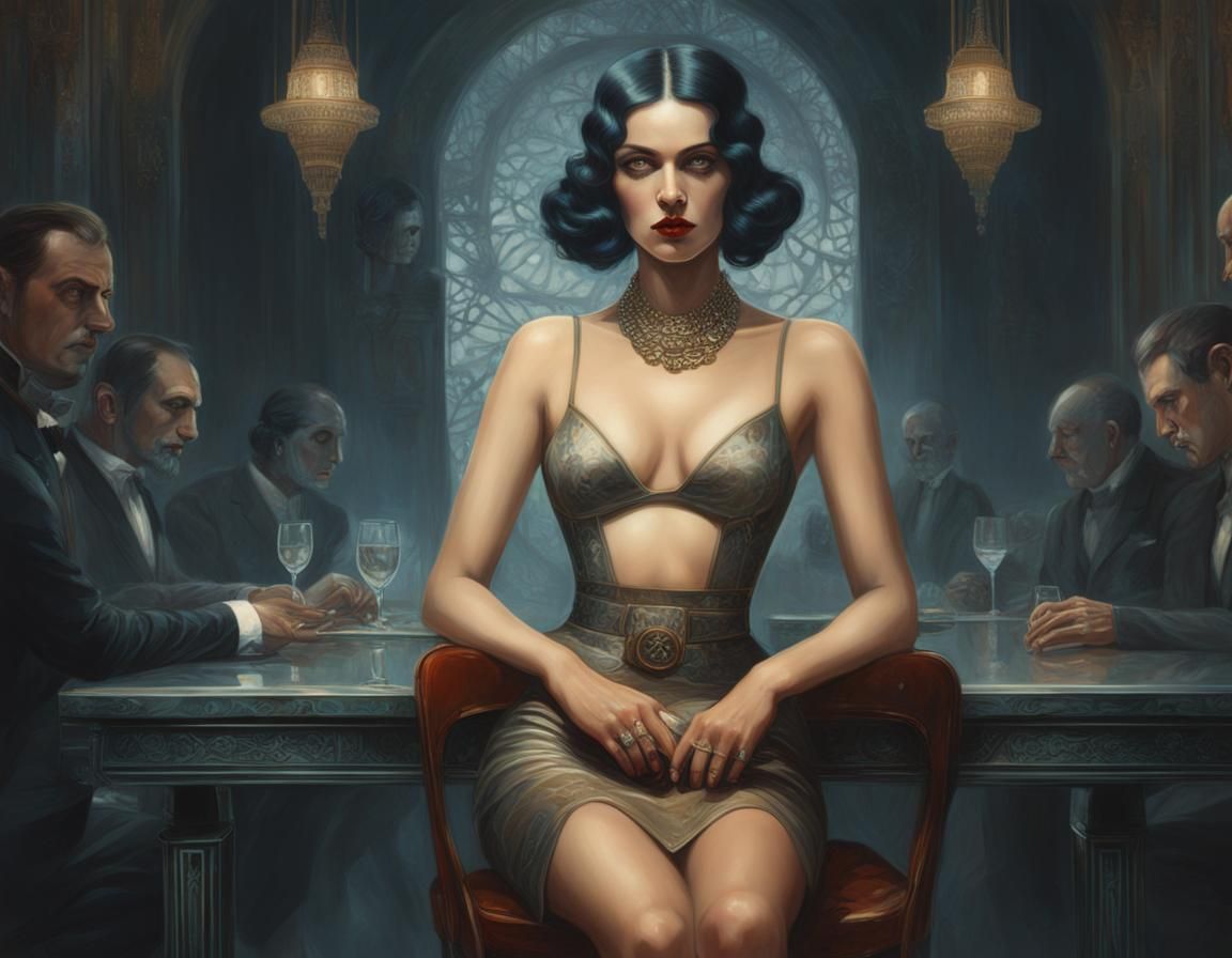 Dystopian Retro Woman at Table in Art Deco Style