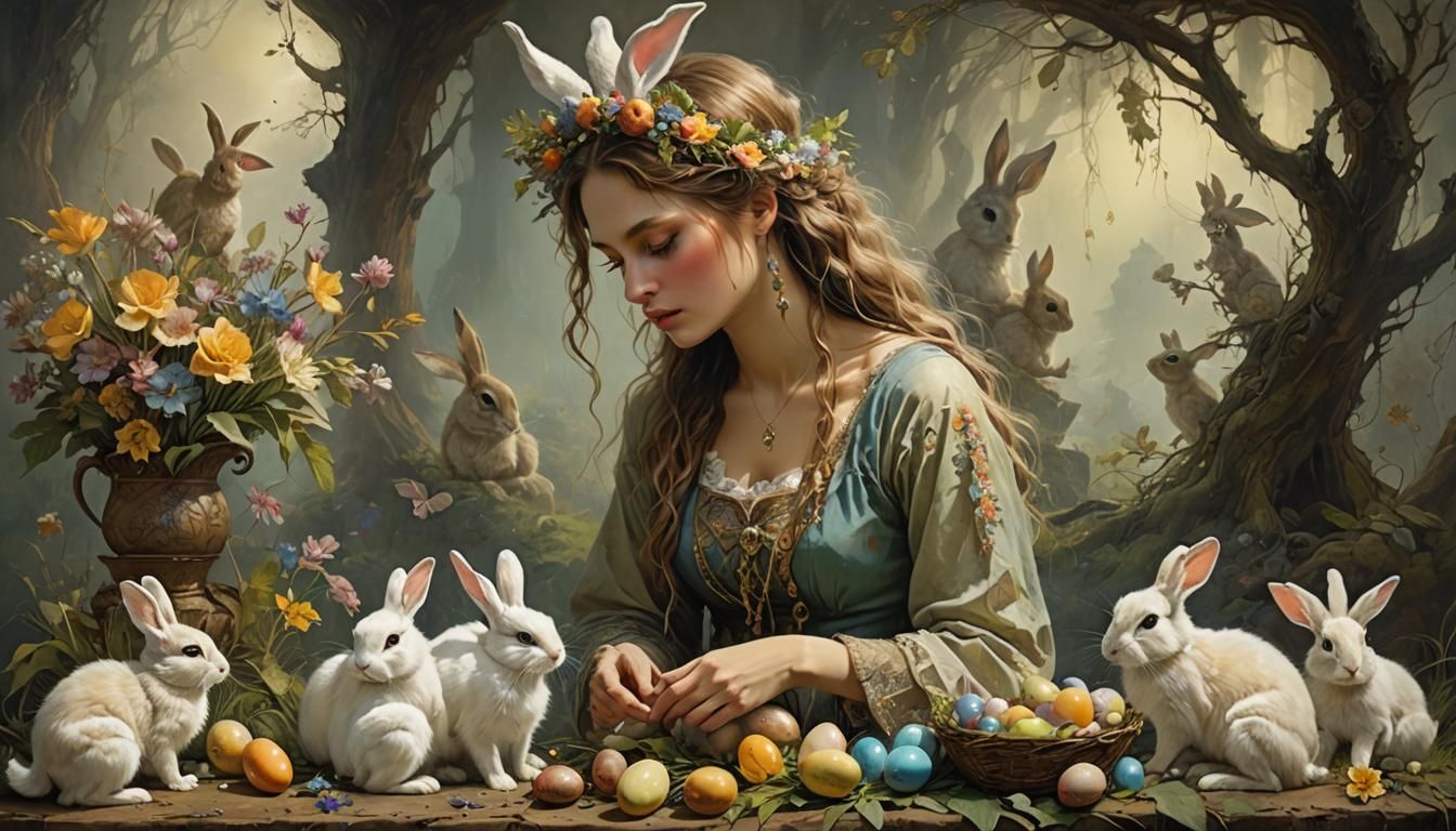 Surreal Easter Scene with Woman and Bunnies