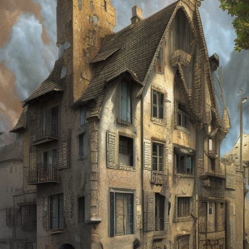 Surrealist Stone Face with Window and Wall Elements