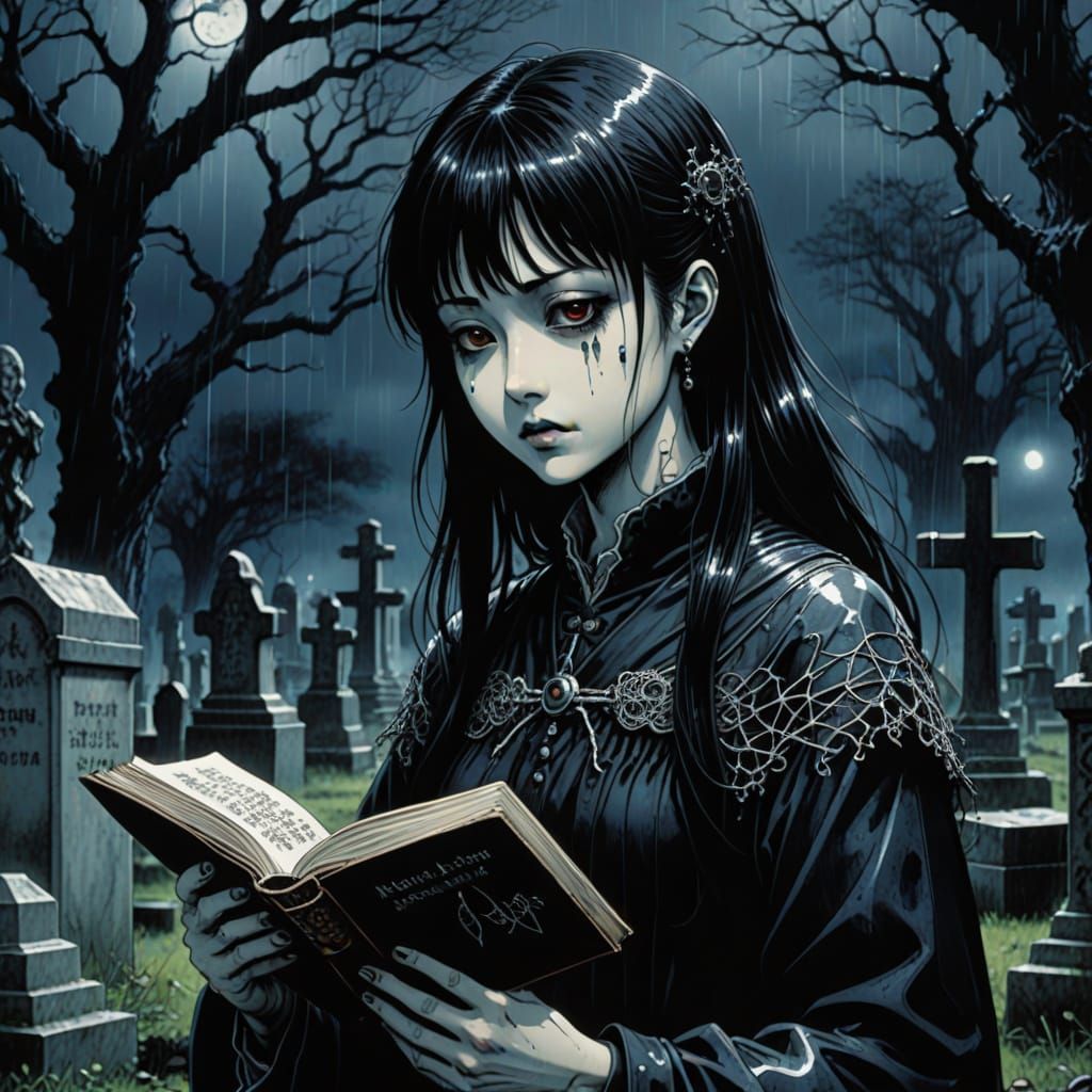 Gothic Woman in Graveyard: Dark Romantic Anime