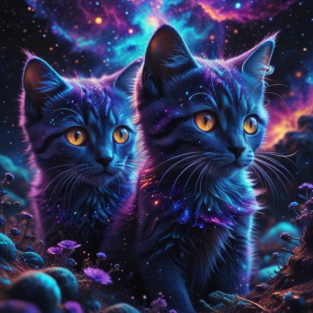 Kittens Exploring Cosmic Void in Psychedelic Art Style